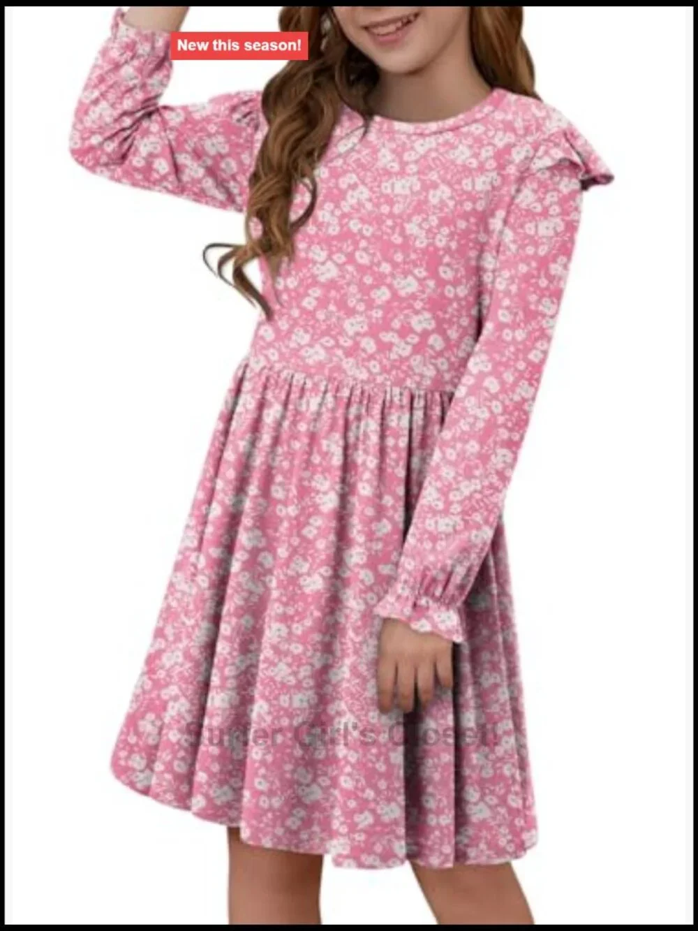 Girls Long Sleeve Ruffle Skater Dress Casual A-Line Twirly